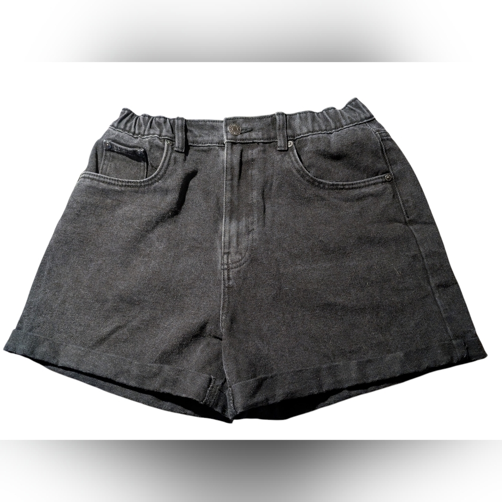 High-Rise Black Denim Jean Shorts with Elastic Waist